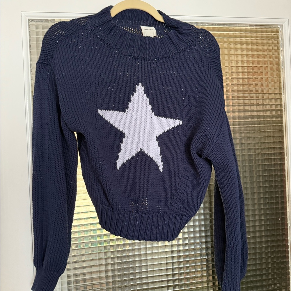 Maeve Blue and White Crew Neck Sweater with Star Design